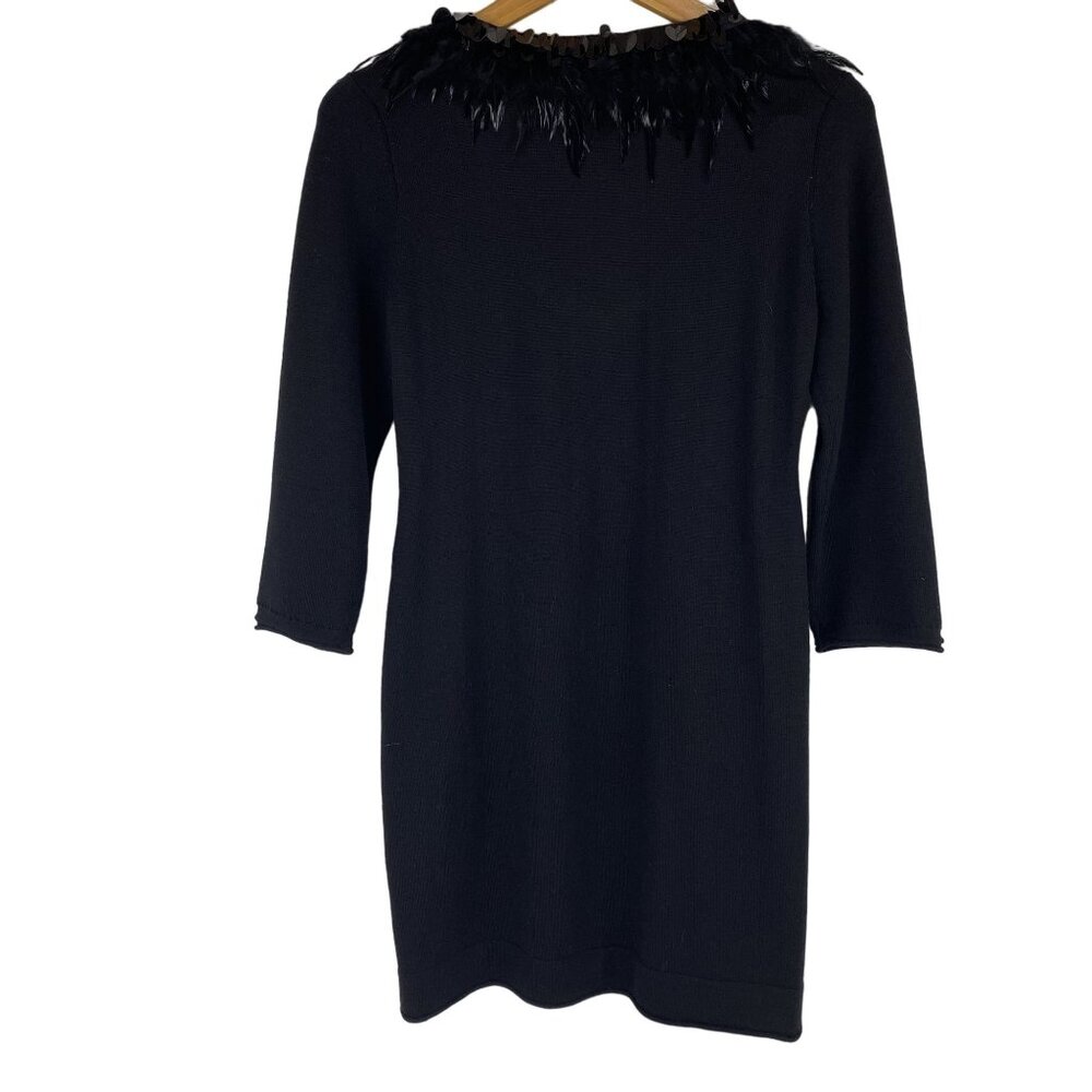 VTG Large Boho Fairy Babydoll Preppy Black Feather Embellished Merino Wool Dress - Picture 2 of 10